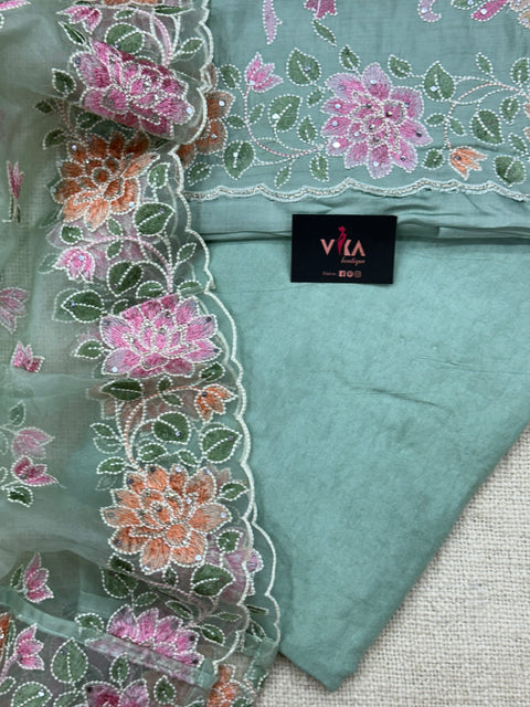 Emb Roman silk unstitched suit material - Green