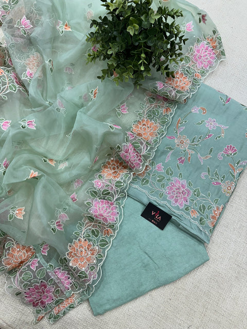 Emb Roman silk unstitched suit material - Green