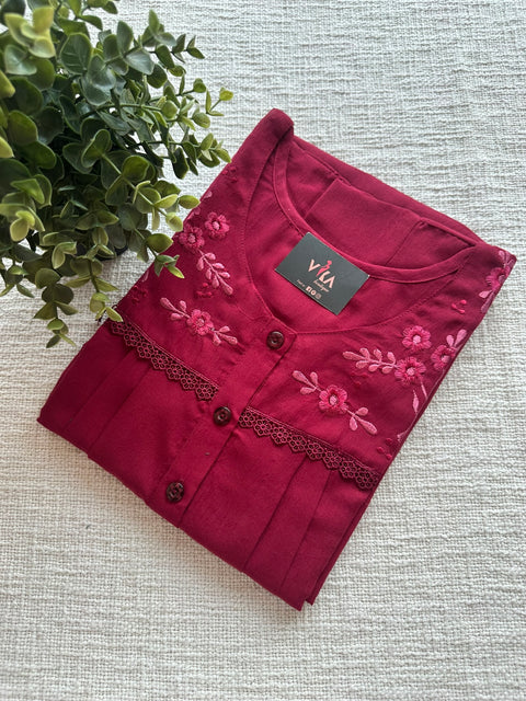 Neck emb Crush cotton nighty-Red