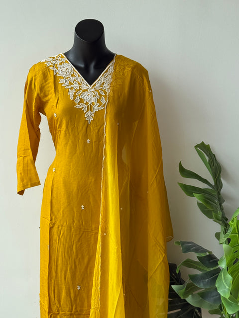 Neck emb Dola silk kurta pant set - Yellow