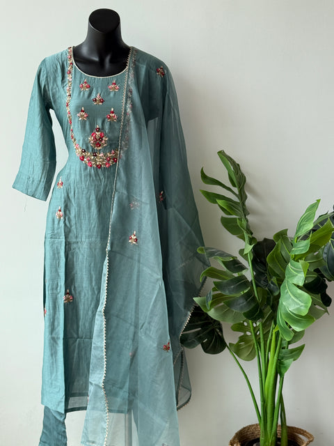 Neck emb muslin kurta pant set