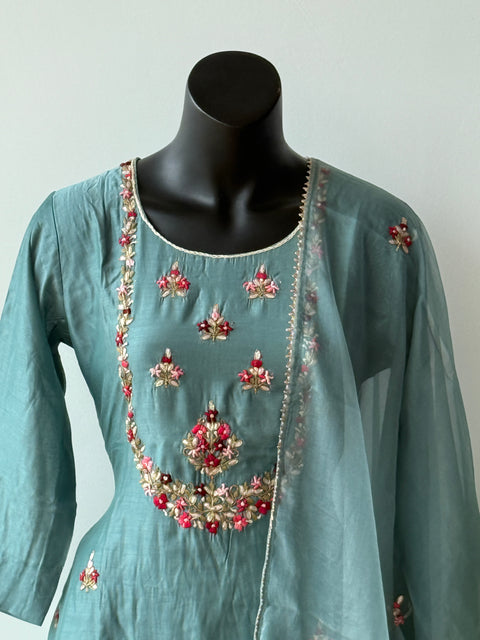 Neck emb muslin kurta pant set