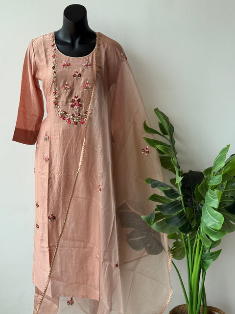 Neck emb muslin kurta pant set