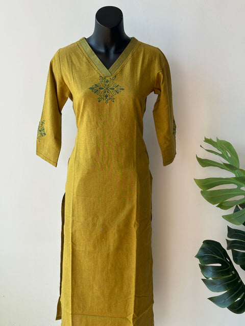 V neck musturd green kurta pant