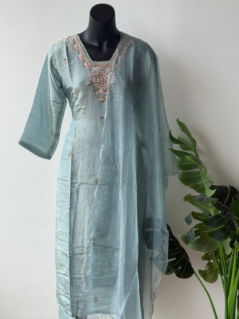 Neck work tissue silk kurta pant set