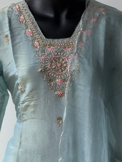 Neck work tissue silk kurta pant set