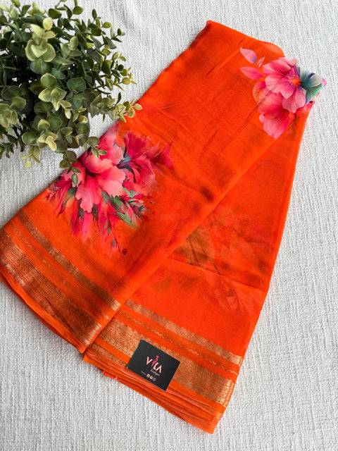 Zari border pure chiffon saree - Orange