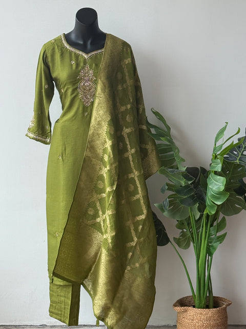 Neck work Russian silk kurta pant set