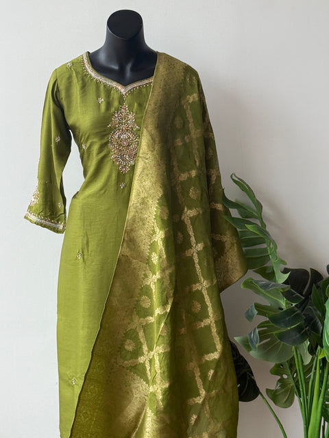 Neck work Russian silk kurta pant set