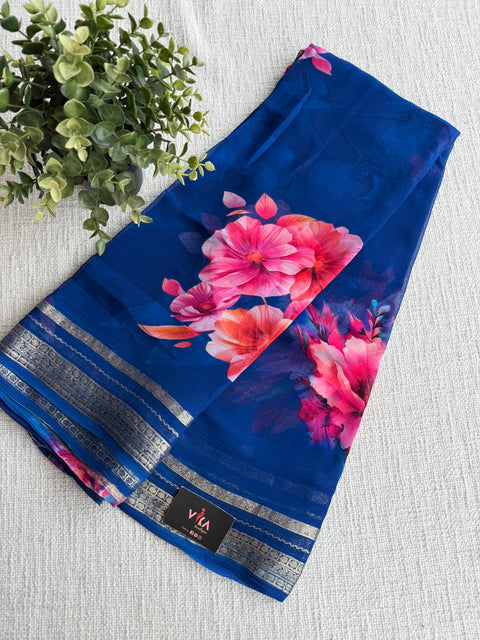 Zari border pure chiffon saree - Blue
