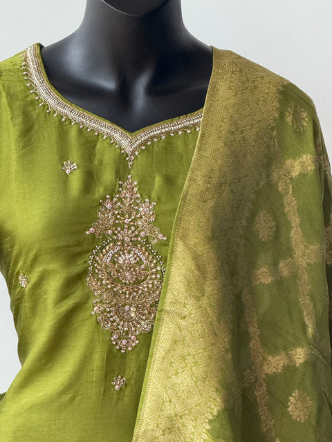 Neck work Russian silk kurta pant set