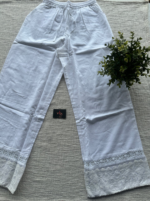 White applique work straight fit cotton pant