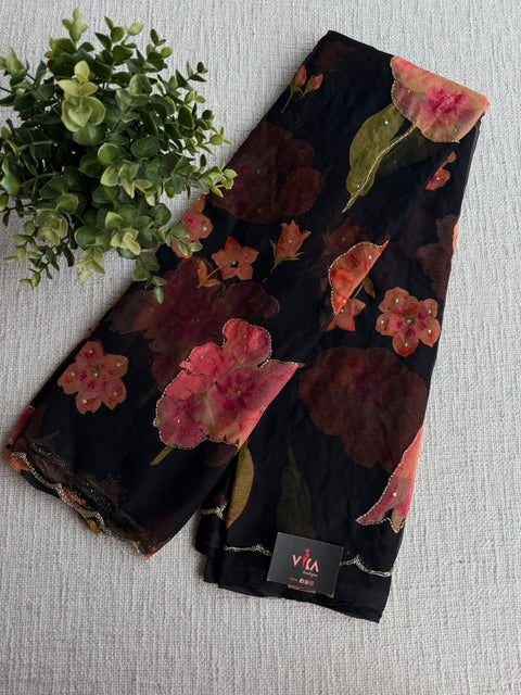 Cut dana work Floral printed chiffon saree