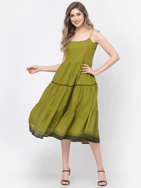Spaghetti Green Self-Design Casual Dress with gathers