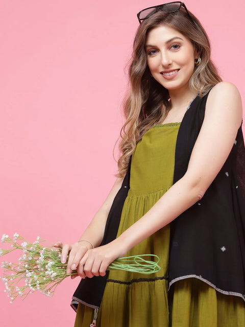 Green Self-Design Casual Dress with gathers