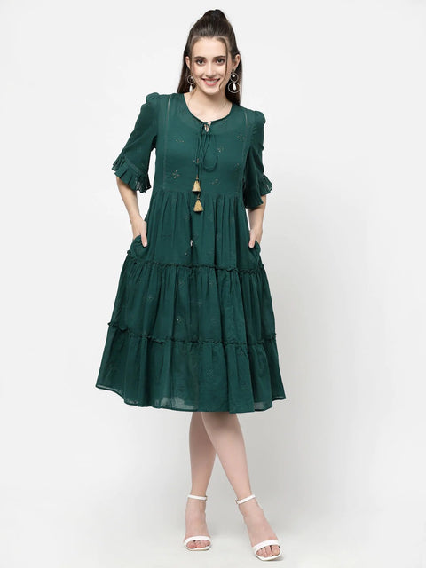 Bottle Green Emb Woven Dress with Lace