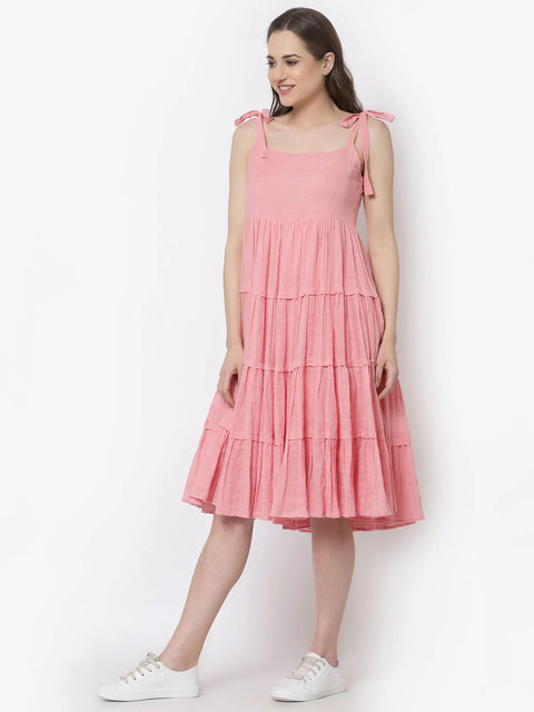 Pink Self Checked Tiered Casual Dress