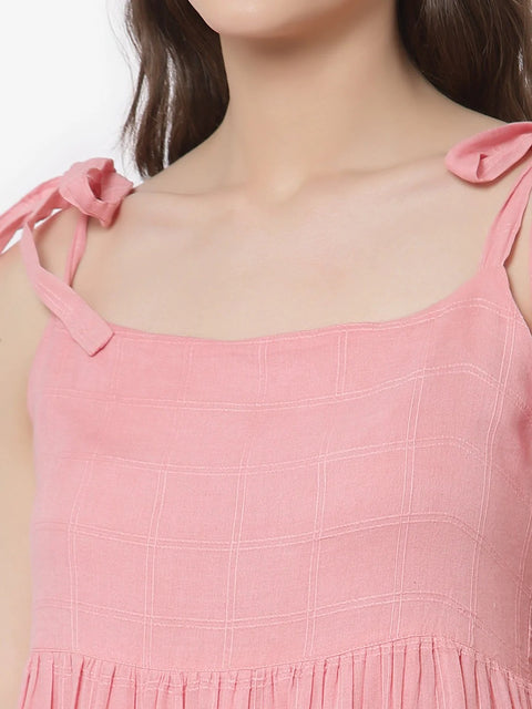 Pink Self Checked Tiered Casual Dress