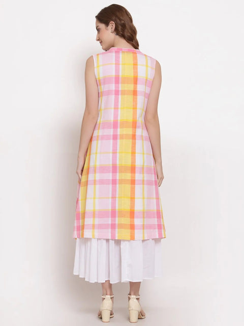 checked embroidered three layered dress