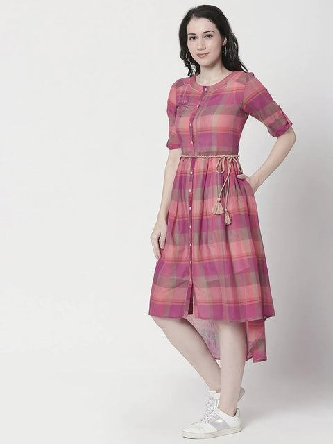 vintage checks high low dress with braided belt
