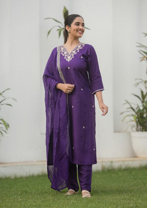Neck work muslin kurta pant set