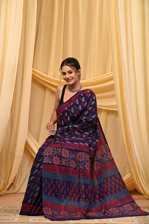 Bagru Printed mul cotton saree