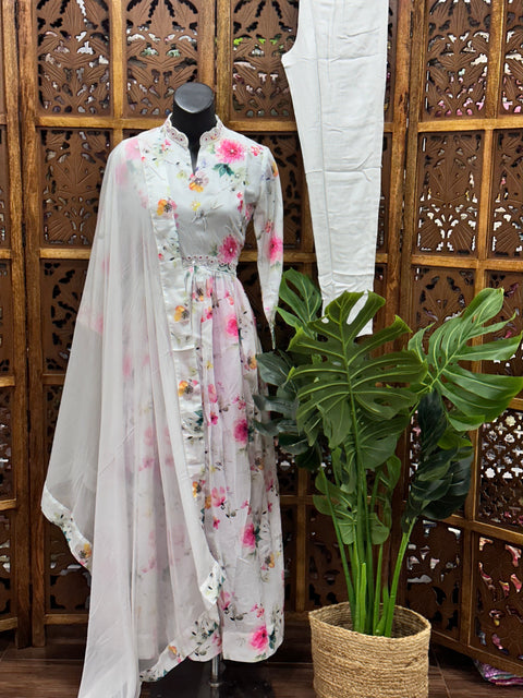 Floral printed maxi gown with dupatta