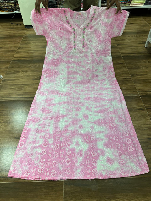 Pink Tie and dye Embroidered nighty