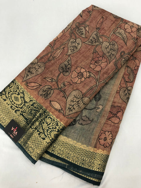 kalamkari printed desi Tussar silk saree