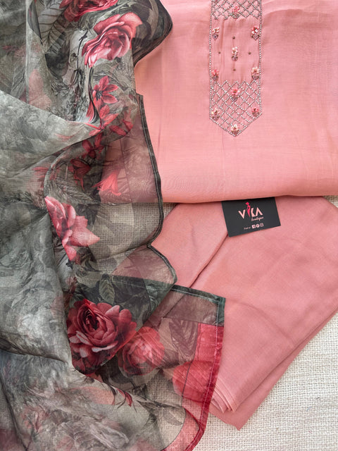Peach Emb Roman silk suit material