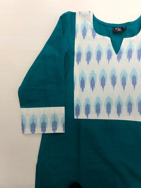 Ikat patch plain cotton kurti - Green stripes