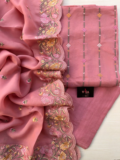 Peach color Emb organza salwar material