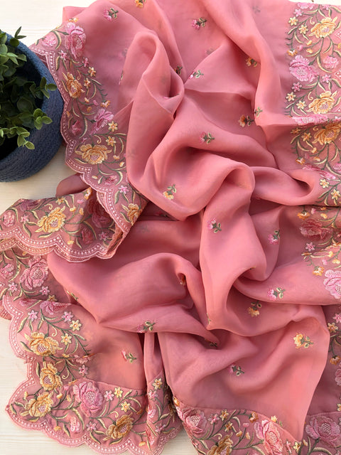 Peach color Emb organza salwar material