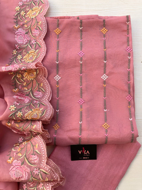 Peach color Emb organza salwar material