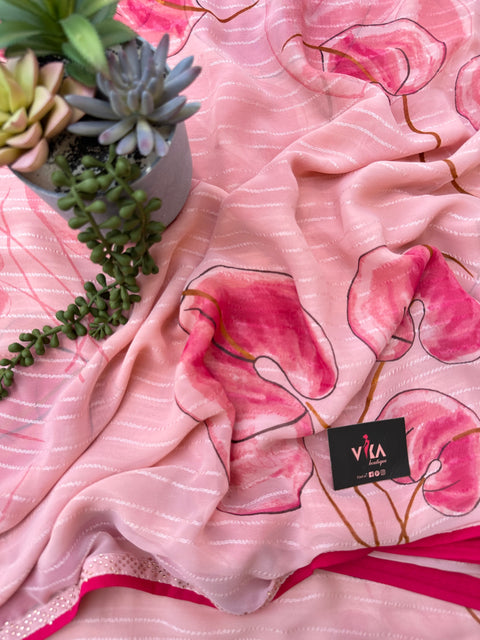 Lt pink floral printed chiffon saree