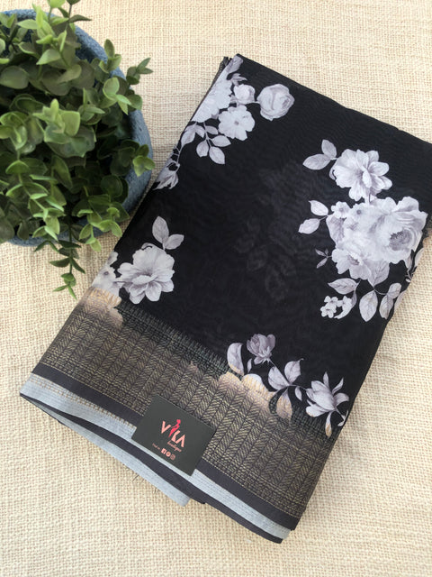 Black Floral soft raw silk saree