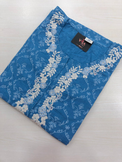Neck emb Printed cotton kurti - Blue
