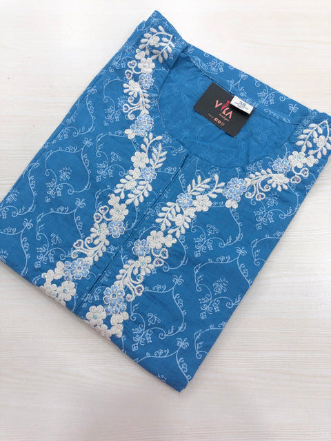Neck emb Printed cotton kurti - Blue