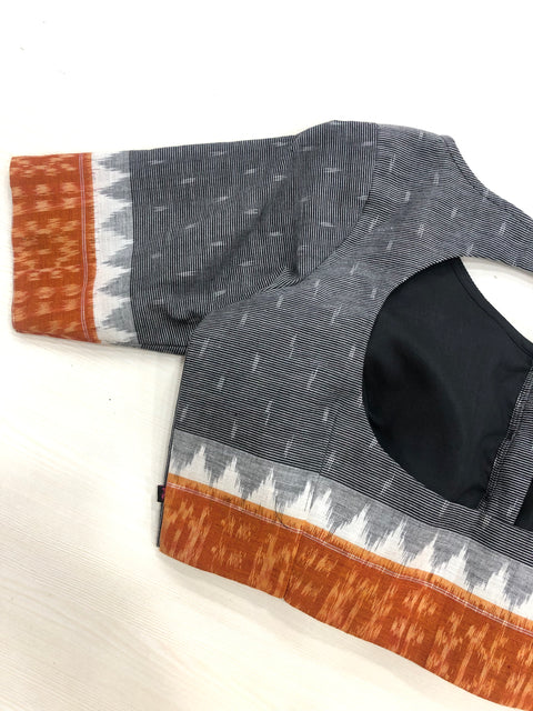 Grey/Orange Temple border Ikat blouse