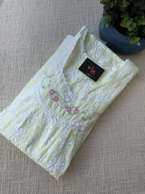 Yellow Premium cotton Embroidered nighty