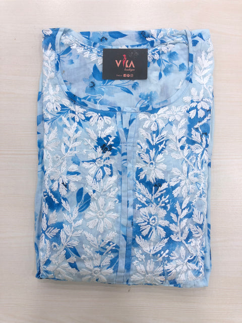 Lucknowi printed cotton Gown - Blue