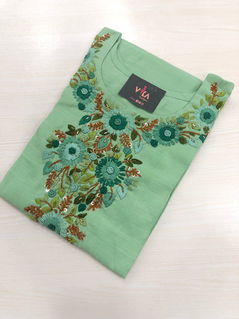 Size 44,46 Hand embroidered Rayon kurti - Lt Green