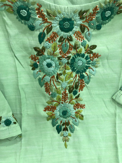 Size 44,46 Hand embroidered Rayon kurti - Lt Green