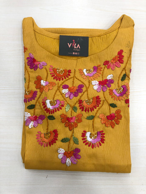 Hand embroidered Rayon Kurti - Musturd