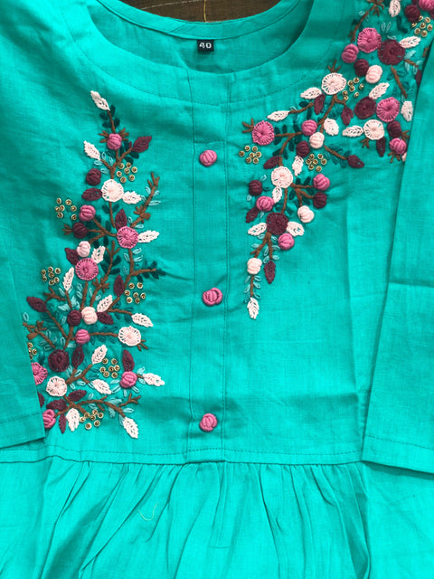 Size 44,46 - Hand embroidered cotton kurti - Cyan