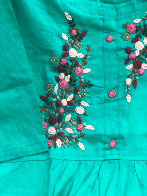Size 44,46 - Hand embroidered cotton kurti - Cyan