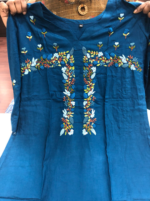 Size 42,46 - Hand embroidered Rayon kurti - Blue