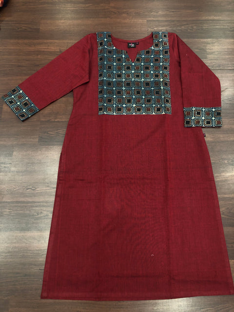 Ajrakh patch plain cotton kurti