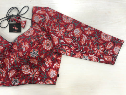 Red florla printed cotton blouse