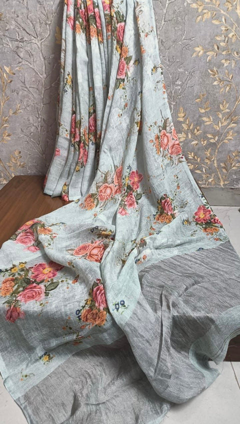 Digital Printed pure Linen saree